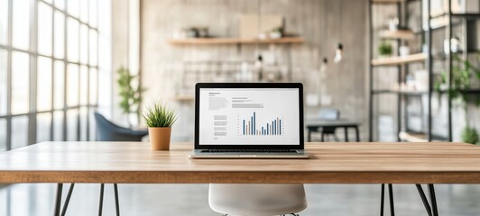 A minimalist office space with a laptop displaying a clean business report, focusing on the structure of the document without numerical data