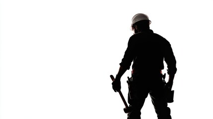 A minimalist silhouette of a construction worker wearing a hard hat, holding a hammer, with simple and bold lines on a white background