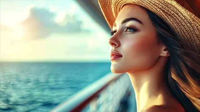Beautiful young woman in hat enjoying vacation on the deck of a luxury yacht in the sea on a beautiful sunny summer day. Trip and travel concept