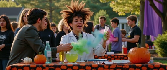 Student in Mad Scientist costume presenting bubbling potion colorful smoke experiment to judge at Halloween themed science fair outdoor pumpkins