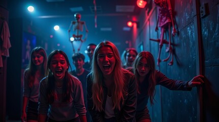 Tennaged girls screaming fright navigating haunted house maze with spooky skeleton props and eerie lighting, thrilling Halloween festive fun