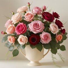 Obraz premium bouquet of pink and red roses in a white vase