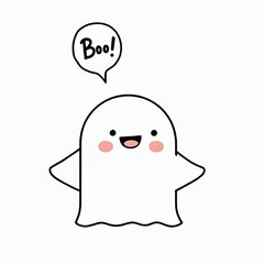 Cute cartoon Ghost character line art saying Boo rosy cheeks smiling on white background, flat Halloween illustration