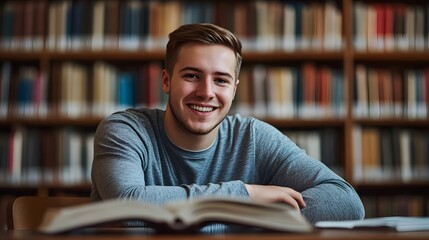 Photograph of an attractive man in his mid-30s, smiling and sitting at a table with books on it while studying intently for a medical school entrance exam
