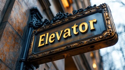 Obraz premium Intricately designed vintage metal sign with ornate detailing displaying the word Elevator against a brick background in an urban setting