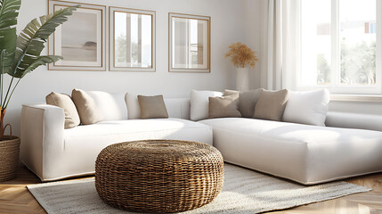 Minimalist modern living room with white corner sofa and wicker pouf