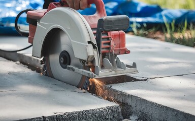 Electric saw cutting concrete. Construction and repair 