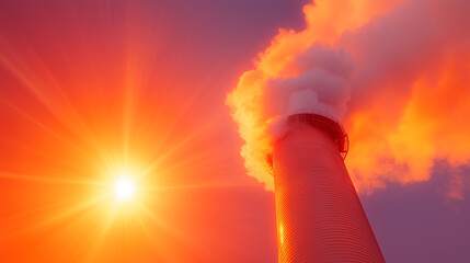 Fototapeta premium Bright sunlight illuminates a smokestack releasing dense smoke against a vibrant orange sky