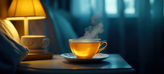 A warm cup of chamomile tea steaming on a nightstand, representing a calming bedtime ritual for improved sleep