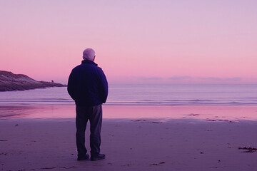 Elderly man standing on a quiet beach looking at the sea during a pink and purple evening sky 