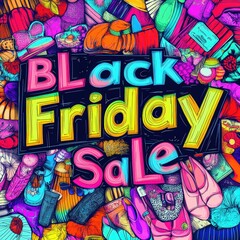 pop art-inspired illustration "Black Friday Sale", colorful letters on an oversized sign. The background is filled with various fashion items like and shoes, bags, accessories, t-shirts and jeans