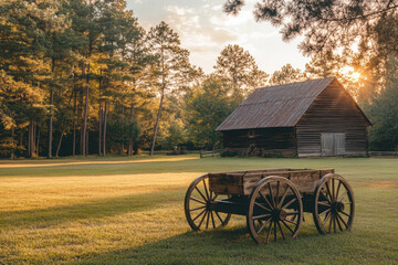 Fototapeta premium Old wooden cart in front of a rustic barn in a sunny forest clearing
