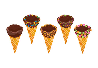 Vector illustration set of brown framed waffle cones. Chocolate coated, sugar, nut topping, frozen or ice cream balls included in the dessert menu. Delicious bakery Isolated in top view, background.
