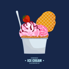 Set of flat design vector illustrations Of ice cream scoops in paper cups. Chocolate, vanilla, blueberry, strawberry, various flavors, waffles, cookies and toppings. Isolated illustration of ice cream