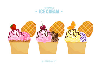 Set of flat design vector illustrations Of ice cream scoops in paper cups. Chocolate, vanilla, blueberry, strawberry, various flavors, waffles, cookies and toppings. Isolated illustration of ice cream