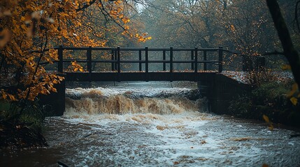 A tranquil scene of a wooden bridge over a rushing river, surrounded by autumn foliage in a misty forest setting.