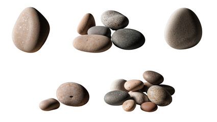 Pebble stones shown in different cuts and angles on a white background