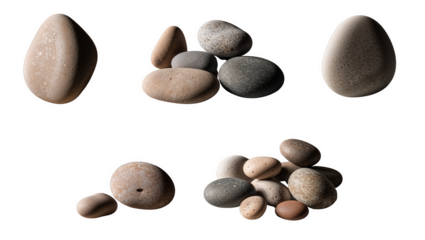 Pebble stones shown in different cuts and angles on a white background