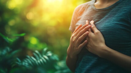 A serene moment of self-reflection, capturing hands over the heart in a lush, green environment with soft sunlight.