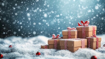 Gift Boxes Piled on Snowy Ground in Winter Scene