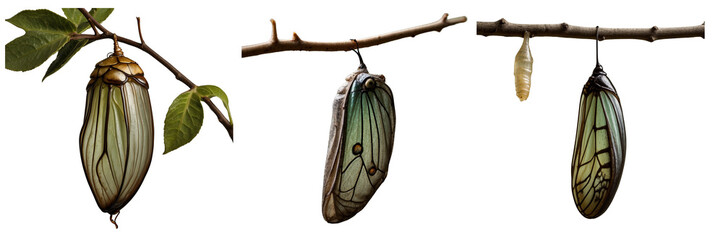 Butterfly chrysalis shown from multiple angles on a white background