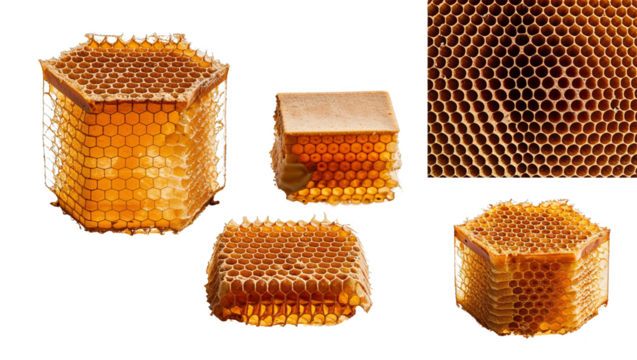 Honeycomb shown in sections and from multiple angles on a white background