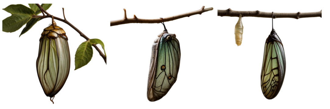 Butterfly chrysalis shown from multiple angles on a white background