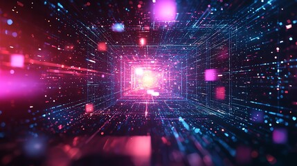 Obraz premium A vibrant digital tunnel filled with glowing particles, representing technology, innovation, and the future of data flow.