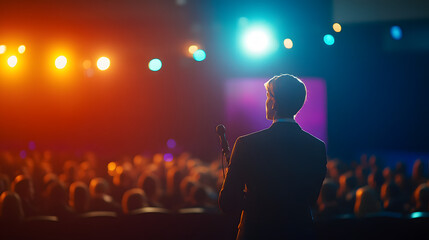 A nonbinary employee giving a keynote speech at a company conference standing on stage with a large audience of colleagues listening promoting inclusion and diversity.