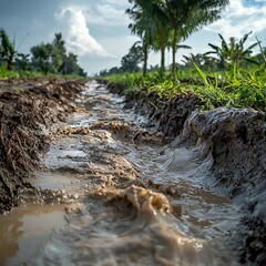 Obraz premium A close-up view of a water-filled irrigation channel surrounded by lush greenery and palm trees under a bright sky.