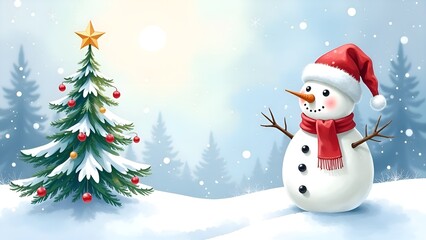 Fototapeta premium Snowman with Santa hat with red scarf and Christmas tree. Banner. Copy space in the middle. Forest in the background.