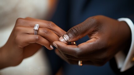 A close-up of a couple exchanging wedding rings, symbolizing love and commitment during a beautiful ceremony.