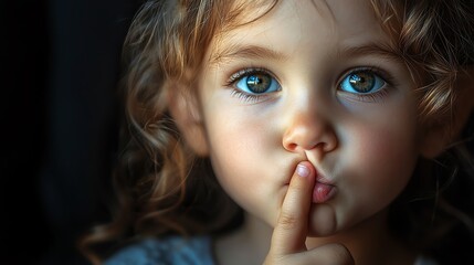 Naklejka premium A captivating portrait of a young girl with sparkling blue eyes, playfully putting her finger to her lips, evoking curiosity.
