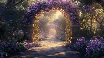 Obraz premium A fairytale garden with purple flowers and golden archway
