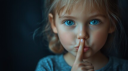 Naklejka premium A young girl with striking blue eyes, making a gesture for silence, capturing curiosity and innocence in a moody setting.
