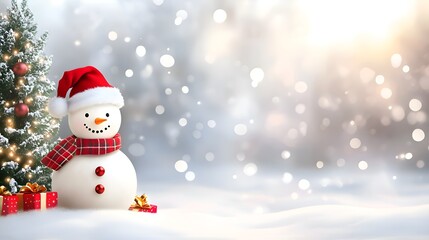 Fototapeta premium Snowman with Santa hat, Christmas tree and gift boxes. Banner. Copy space. 