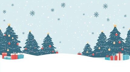 Minimalistic Flat Design Christmas Scene with Trees and Gifts