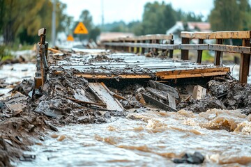 Flooded area with debris on a damaged wooden bridge, illustrating the impact of heavy rain and natural disasters.