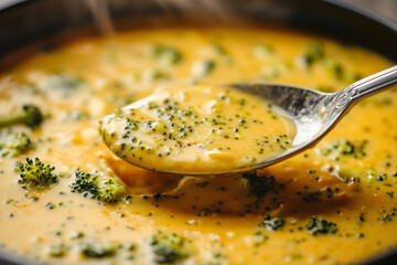 Close-up of broccoli cheddar soup with ladle