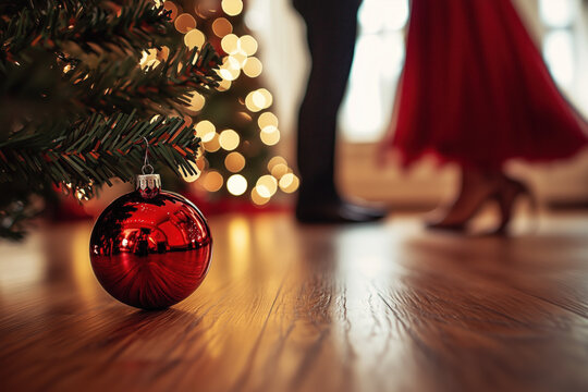 Christmas ornament in red with a dancing couple behind it