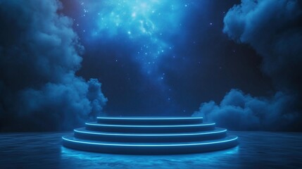 Empty Illuminated Podium with Magical Blue Night Sky Backdrop