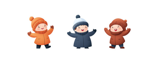 Obraz premium Three cheerful children wearing winter coats, isolated on white background. transparent background watercolor style