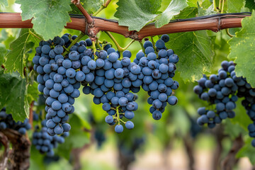 Naklejka premium Purple grapes hanging on vineyard vine