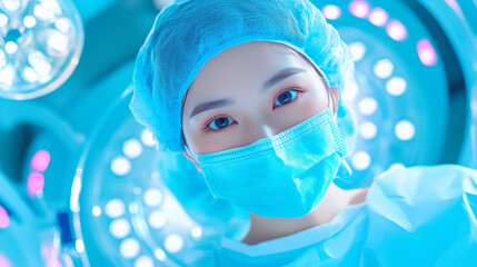 A surgical team member prepares for an operation in a modern operating room under bright lights