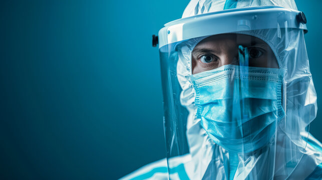 Person in a white and blue suit with a blue face mask is standing in front of a blue background. The person appears to be wearing a protective suit