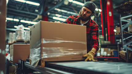 Fototapeta premium Man in a hat is working in a warehouse. He is putting a box on a conveyor belt