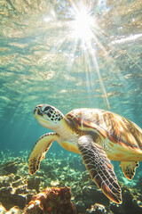 Fototapeta premium Sea turtle animal swimming in ocean sea underwater landscape colorful coral reef life, travel and summer concept.
