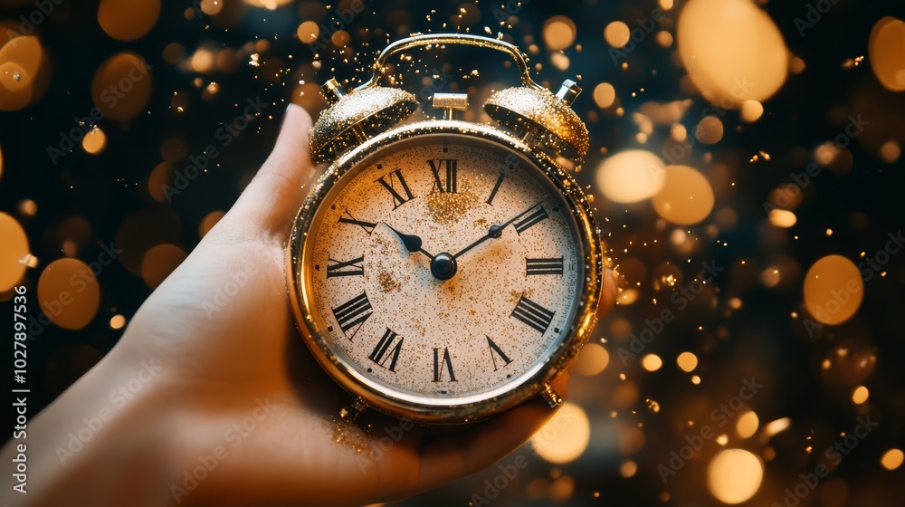 Aufkleber a hand holding a golden clock, its sparkle adding holiday cheer and marking the countdown to the new