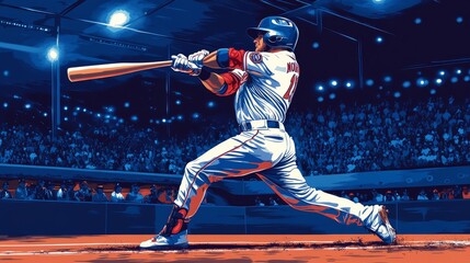 Baseball player in action, hitting a home run, with stadium lights casting a spotlight, done in detailed vector illustration style