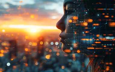 Profile of Woman with Digital Overlay at Sunset